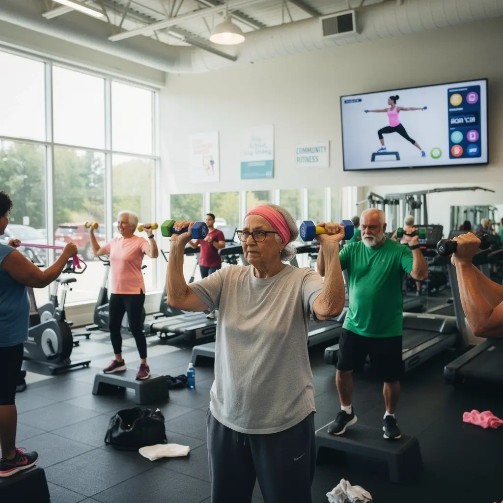 Kép egy idősebb női résztvevőről, aki boldogan végzi a csonttömeget növelő gyakorlatot edzője irányításával.