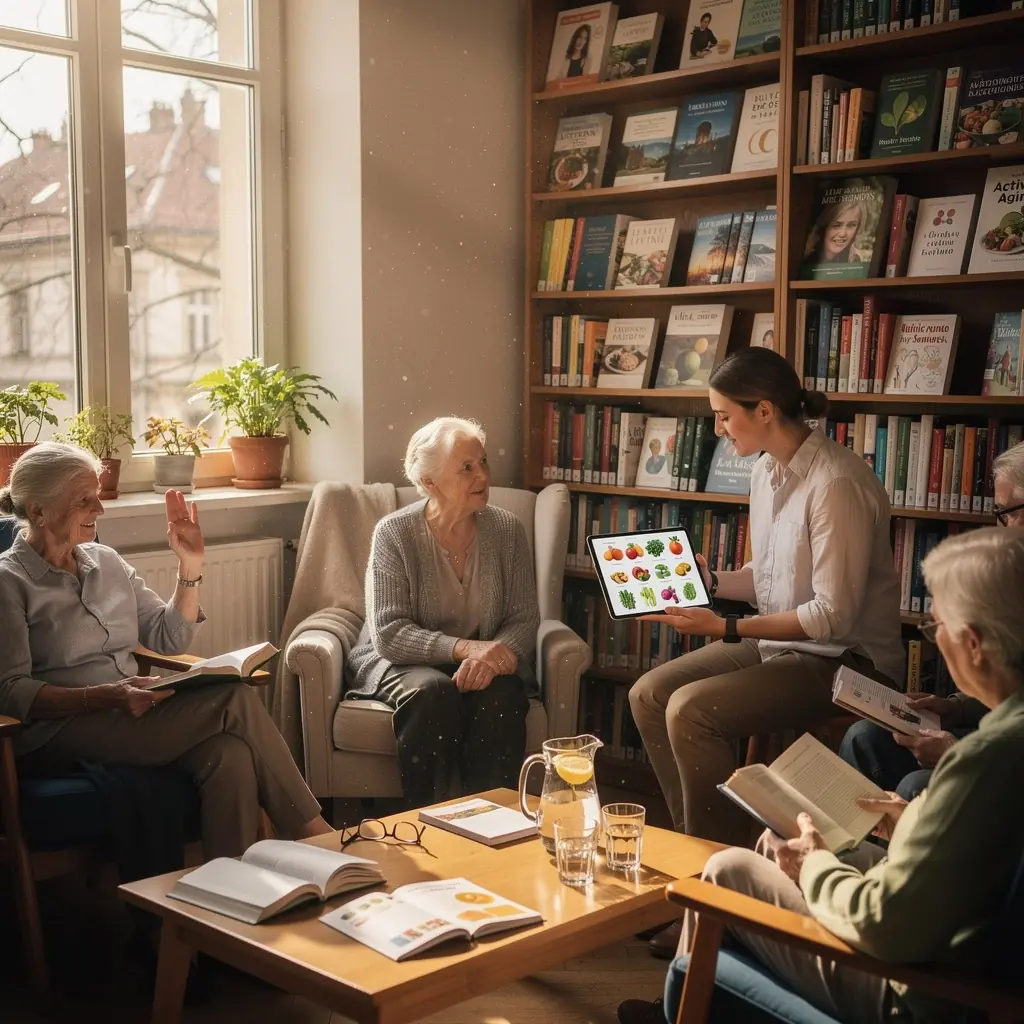 Csoportos edzés a parkban, ahol idősek aktívan részt vesznek a mozgásban és a közösségi élményben.