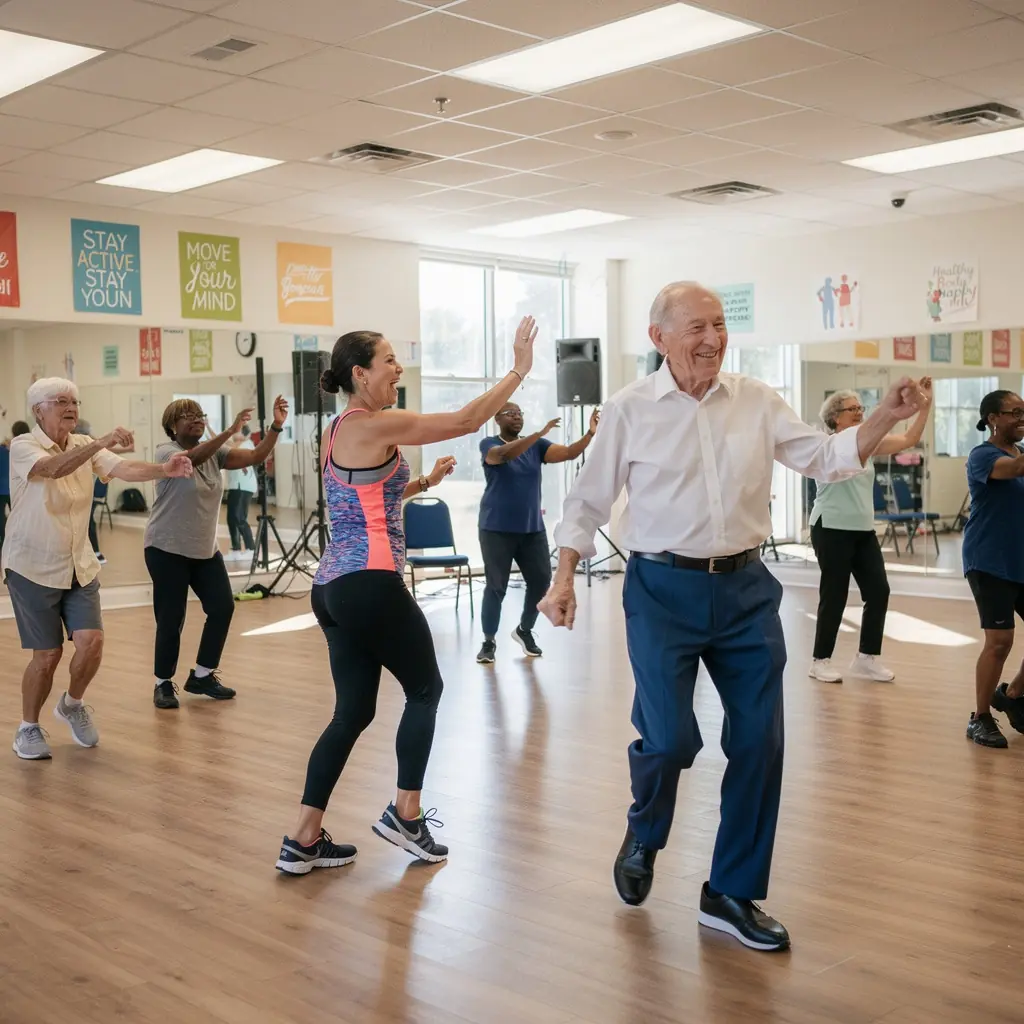 Idősebb felnőttek egy csoportja végez közös edzést a szabadban, miközben energikus zenét hallgatnak.
