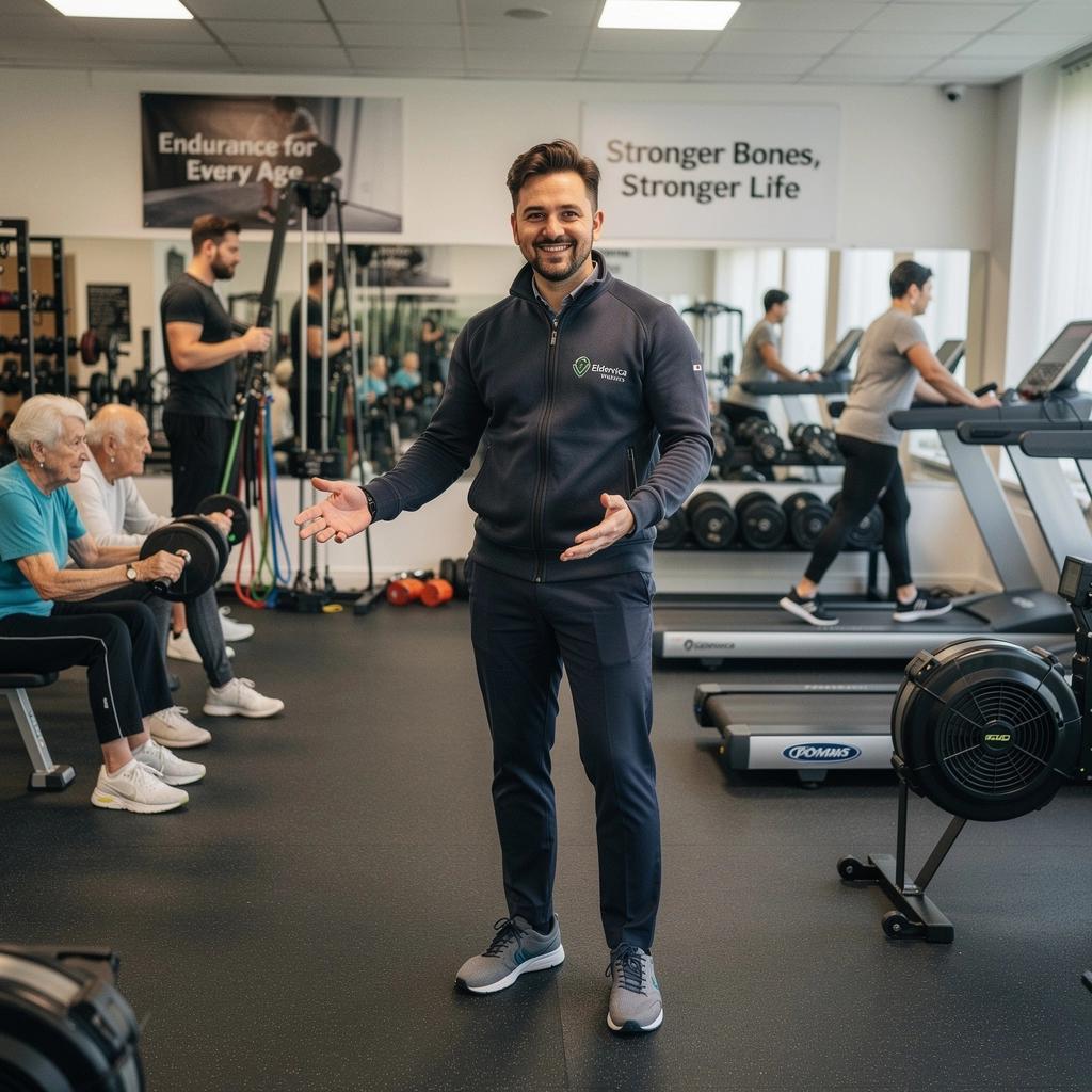 Idősebb férfi egyensúlyfejlesztő gyakorlatot végez, miközben egy online edző figyeli őt.